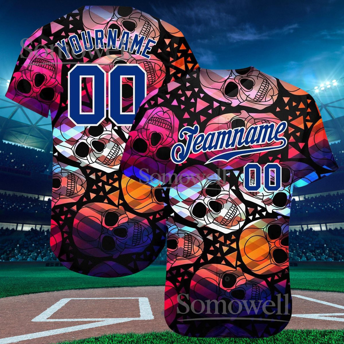 Personalized Skull Pattern Baseball Jersey with Custom Name and Number, Gothic Halloween Sportswear Design