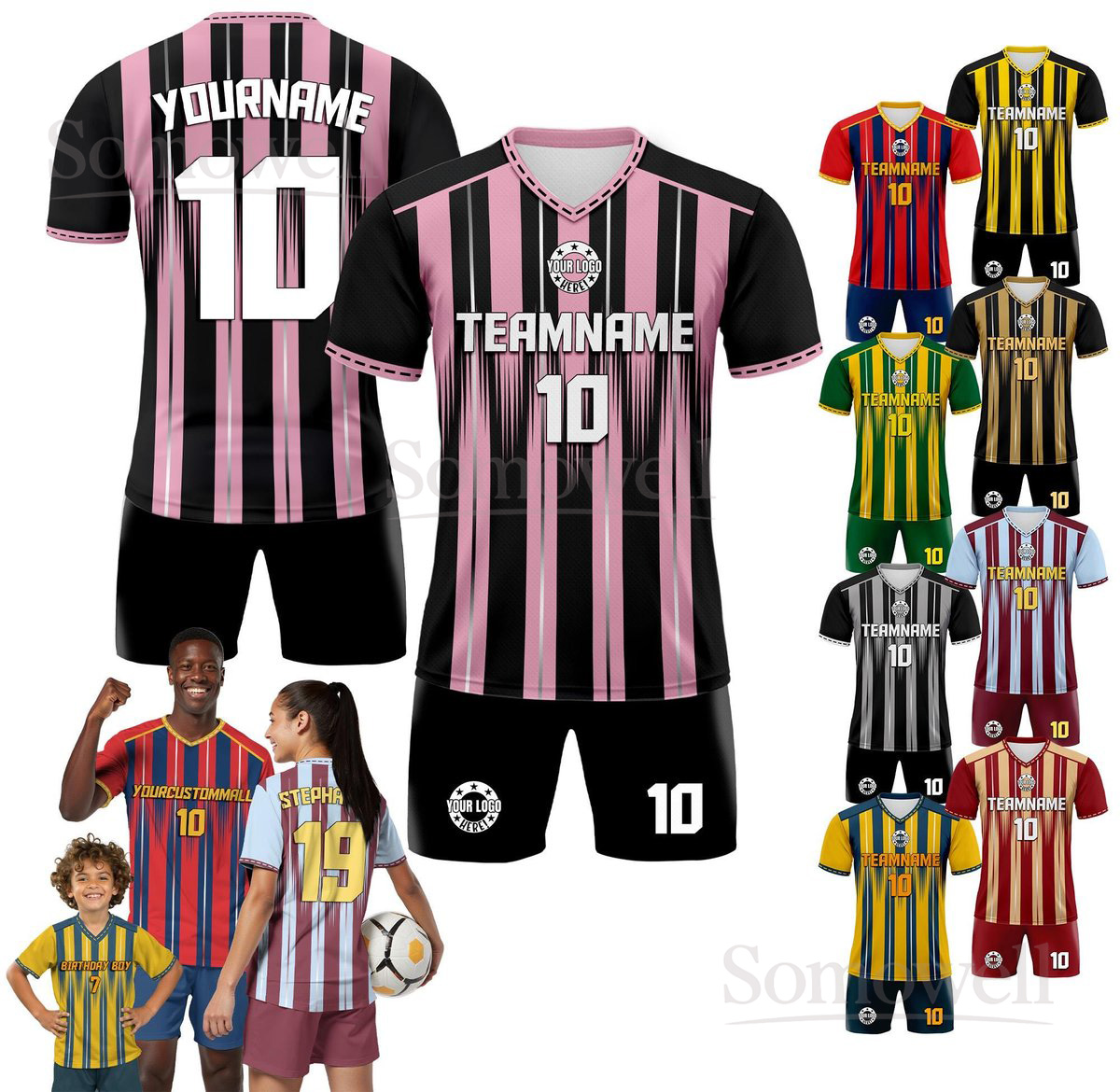 Custom Soccer Jersey Vertical Stripes Design Personalized Team Logo Name and Number Edition for All Ages