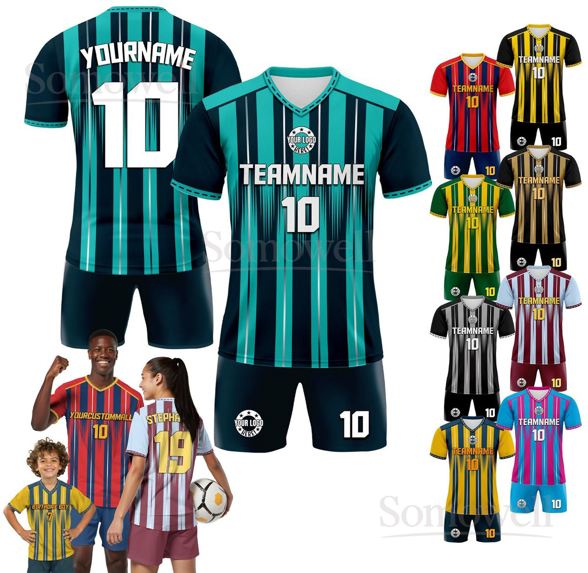 Custom Soccer Jersey and Shorts Set for Men Women and Youth with Team Name and Number in Multiple Colors