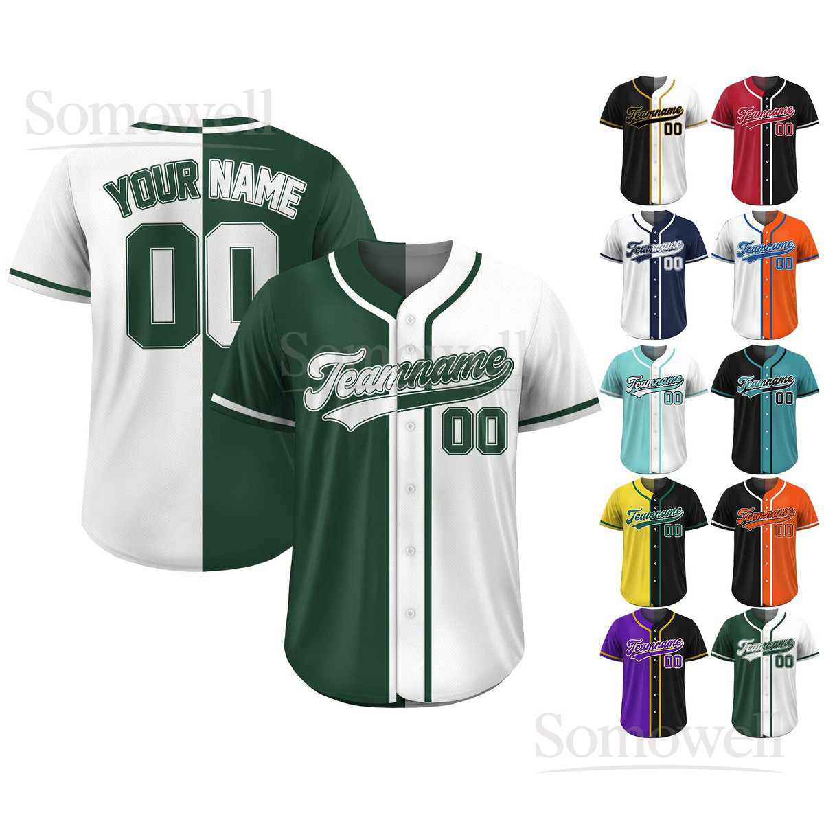 Custom Split Baseball Jersey Personalized Team Name and Number Two Tone Design for Adult Kid Matching Uniform Multi Color Edition