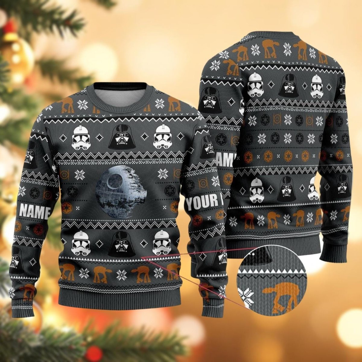 Death Star Pattern Custom Name Galaxy Ugly Christmas Sweater Grey Holiday Knit