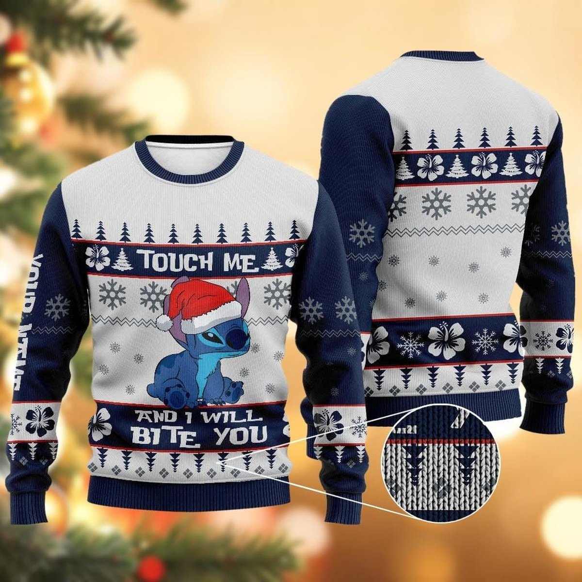 Custom Stitch Santa Hat Blue Ugly Christmas Sweater Cute Holiday Winter Gift