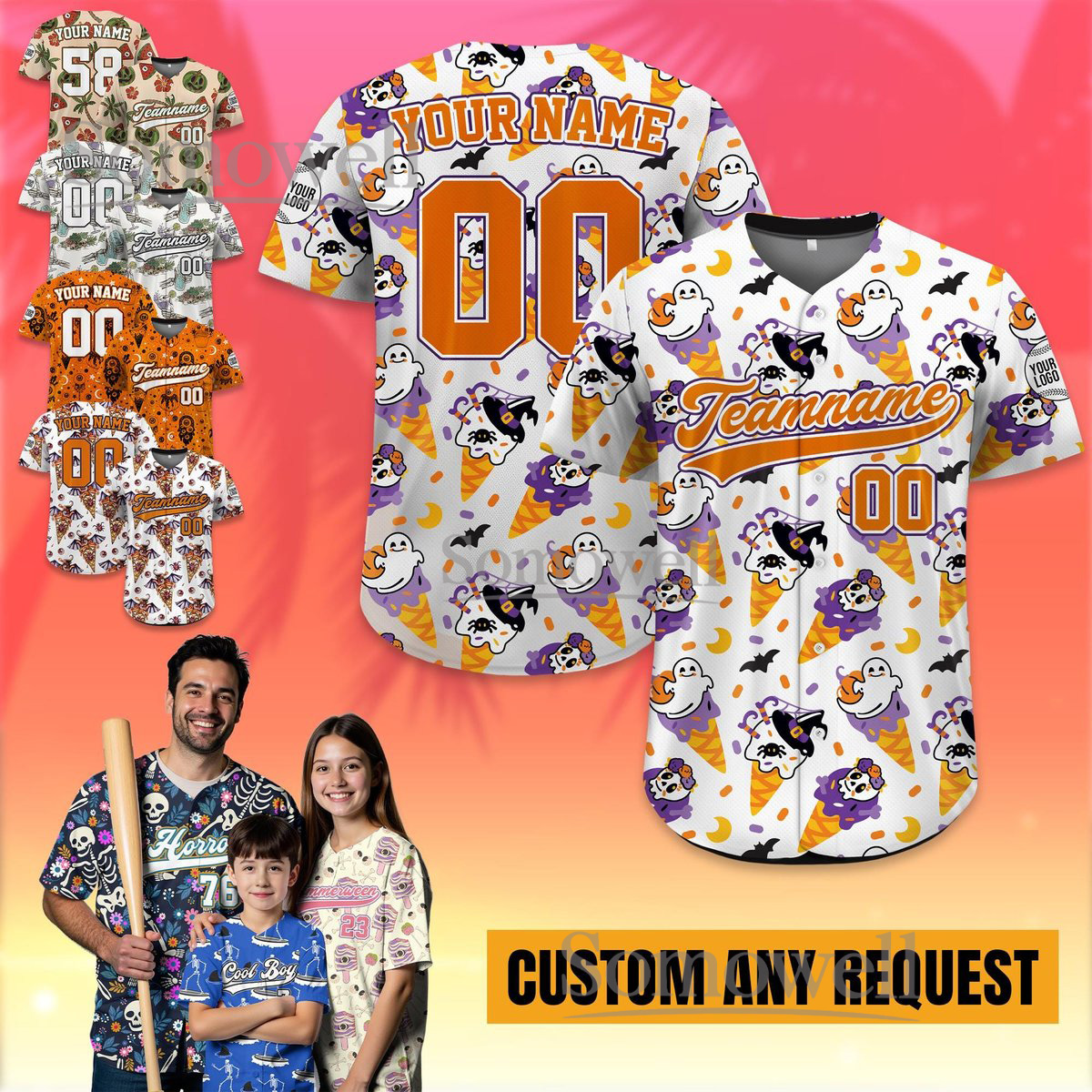 Custom Ice Cream Summer Halloween Baseball Jersey Personalized Name and Number for Men Women Youth and Kids