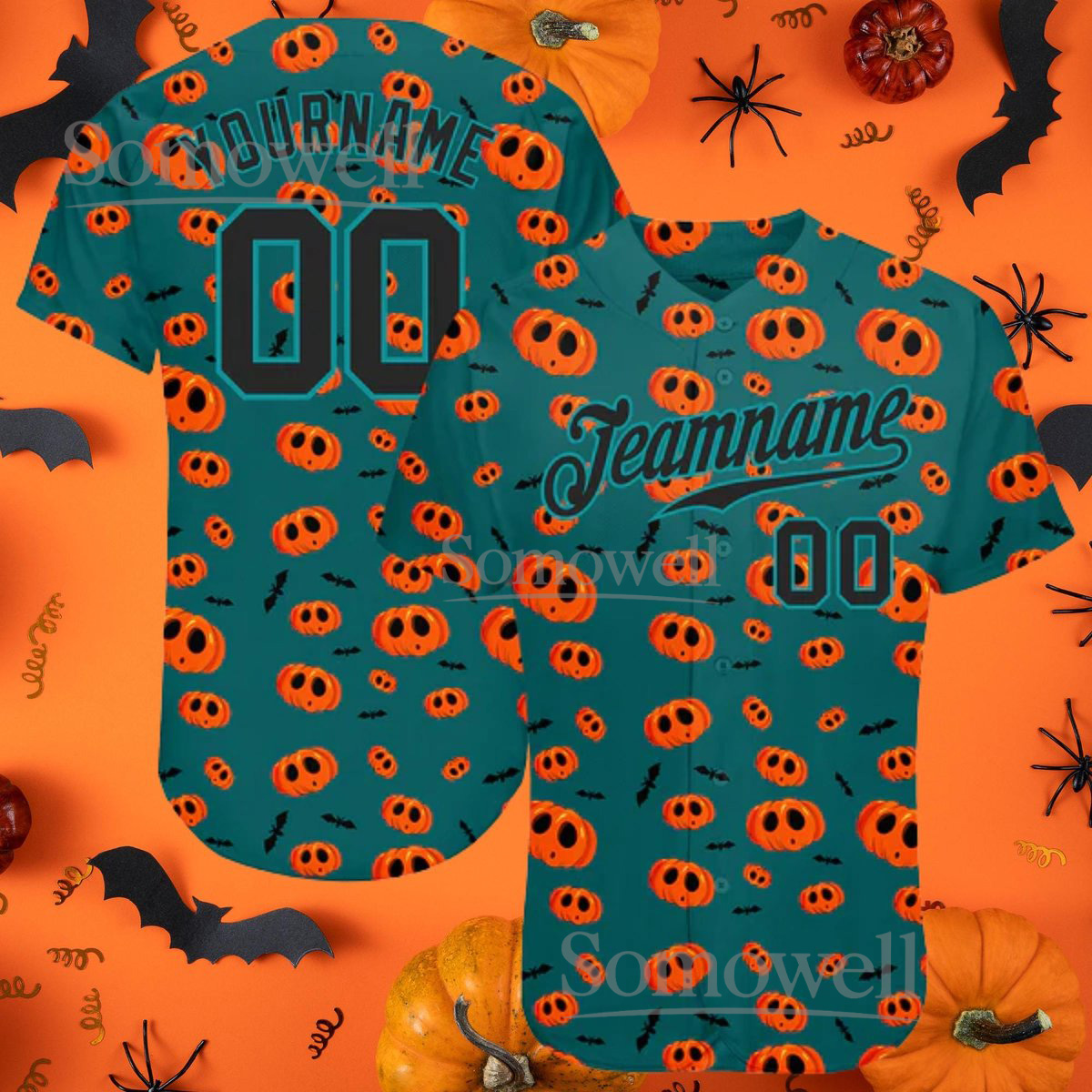 Teal Orange Halloween Pumpkins Baseball Jersey, 3D Pumpkin Design, Customizable Team Name Number