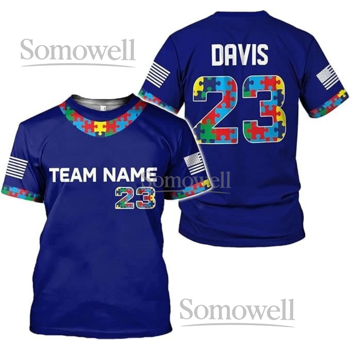 Custom Team Autism Awareness Puzzle Number Jersey Personalized Unisex Support Tee
