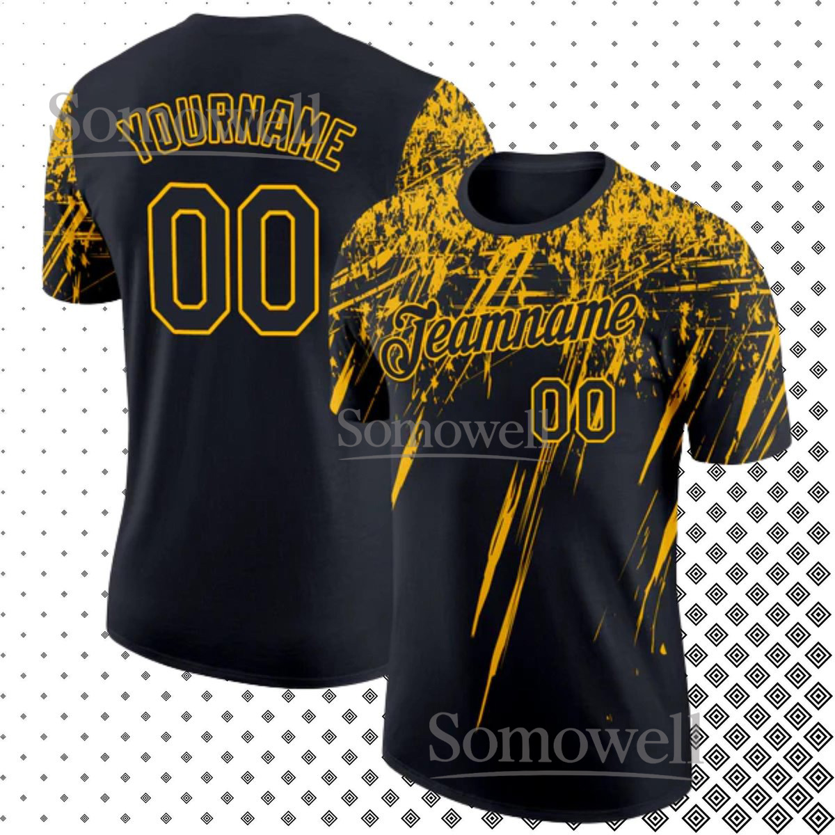 Custom Team Jersey Shirt with Black and Yellow Paint Splash Design Personalized Custom Name and Number