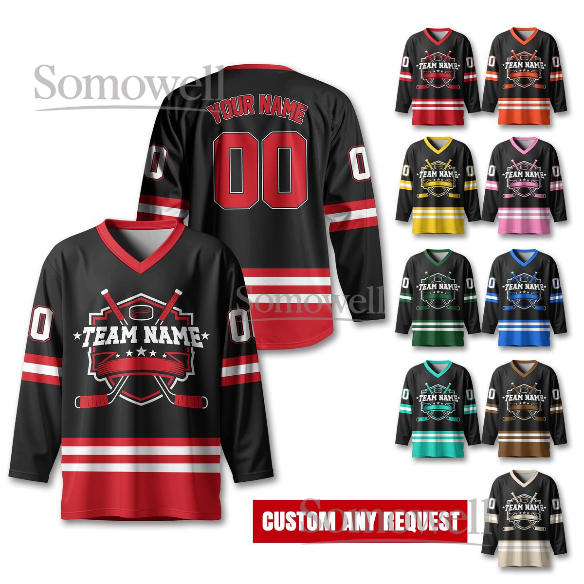 Custom Team Name Number And Logo Hockey Jersey for Men and Women in Various Colors