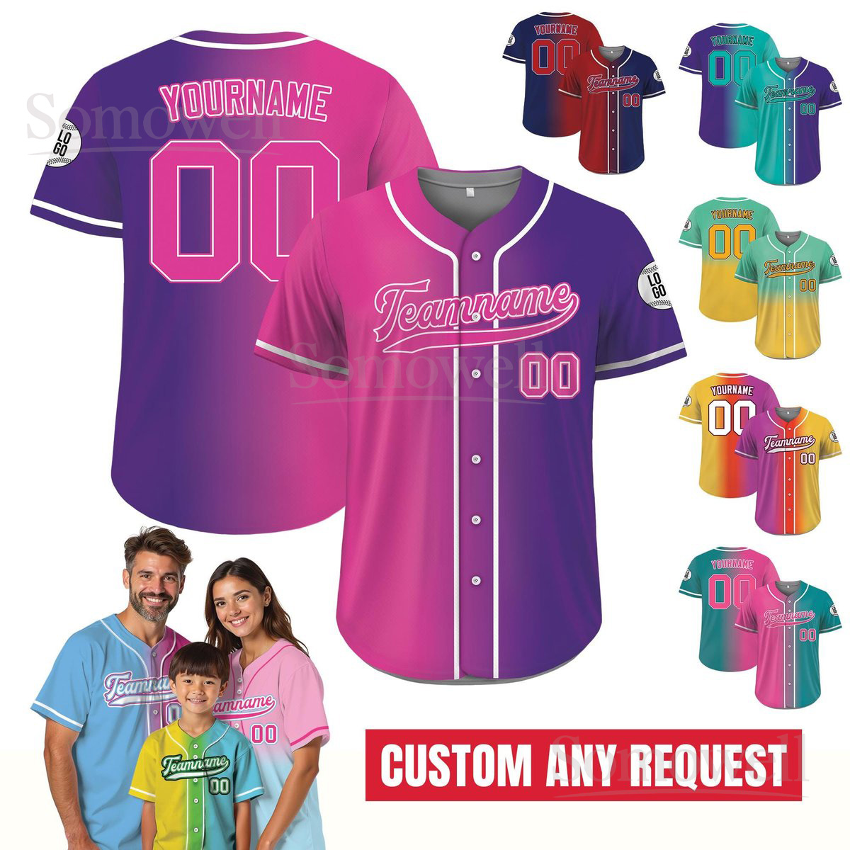 Custom Team Name Number Baseball Jersey for Preschool Youth Adult Multi Color Edition