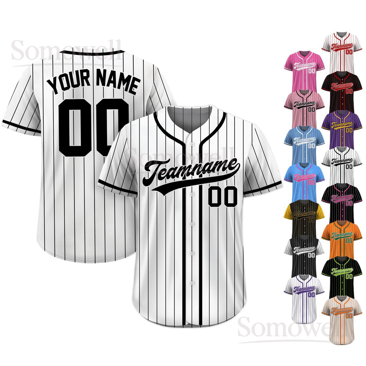 Custom Pinstripe Baseball Jersey Personalized Team Name and Number Multi Color Edition