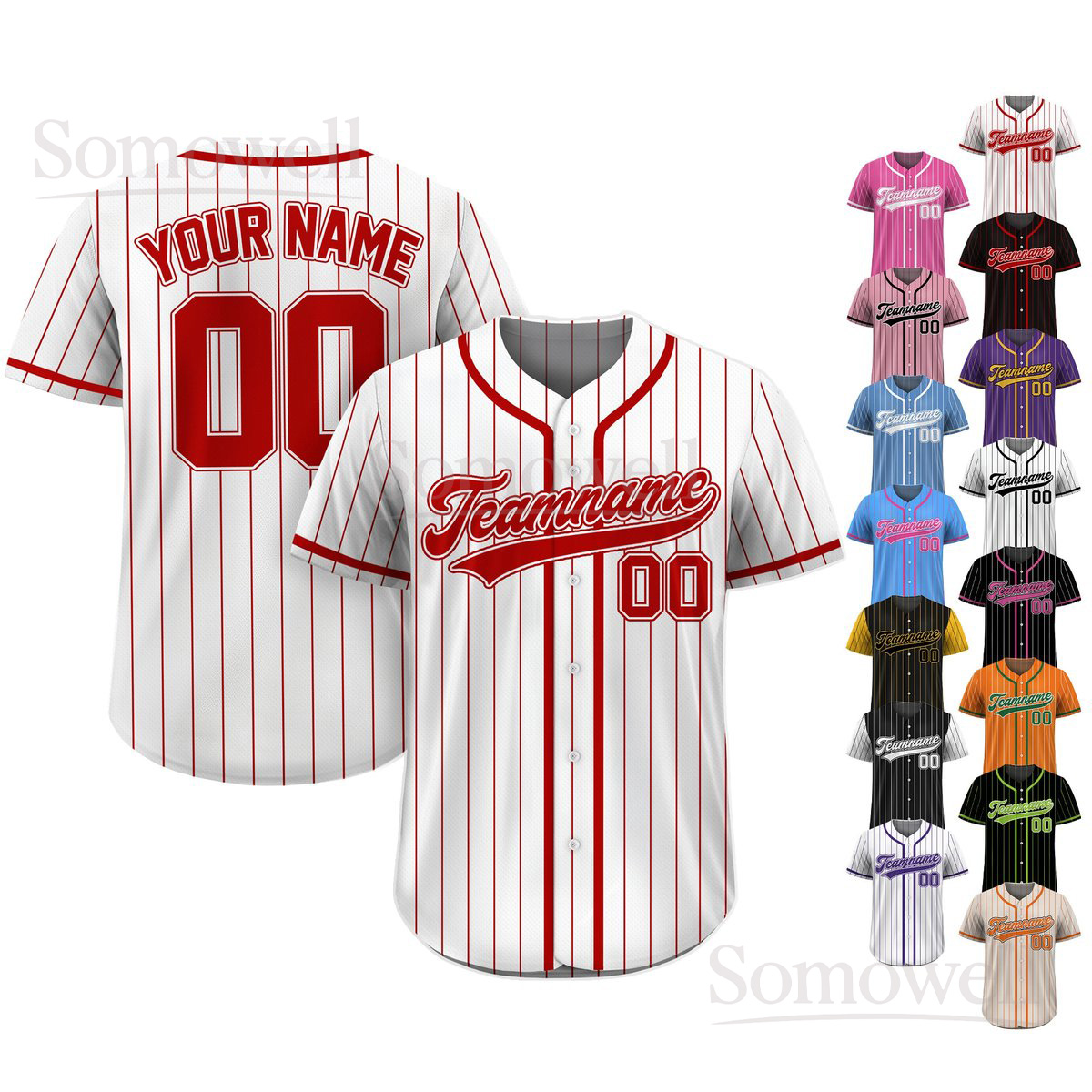 Custom Team Name Number Baseball Jersey Pinstripe Classic Style for Adults Kids Multi Color Edition