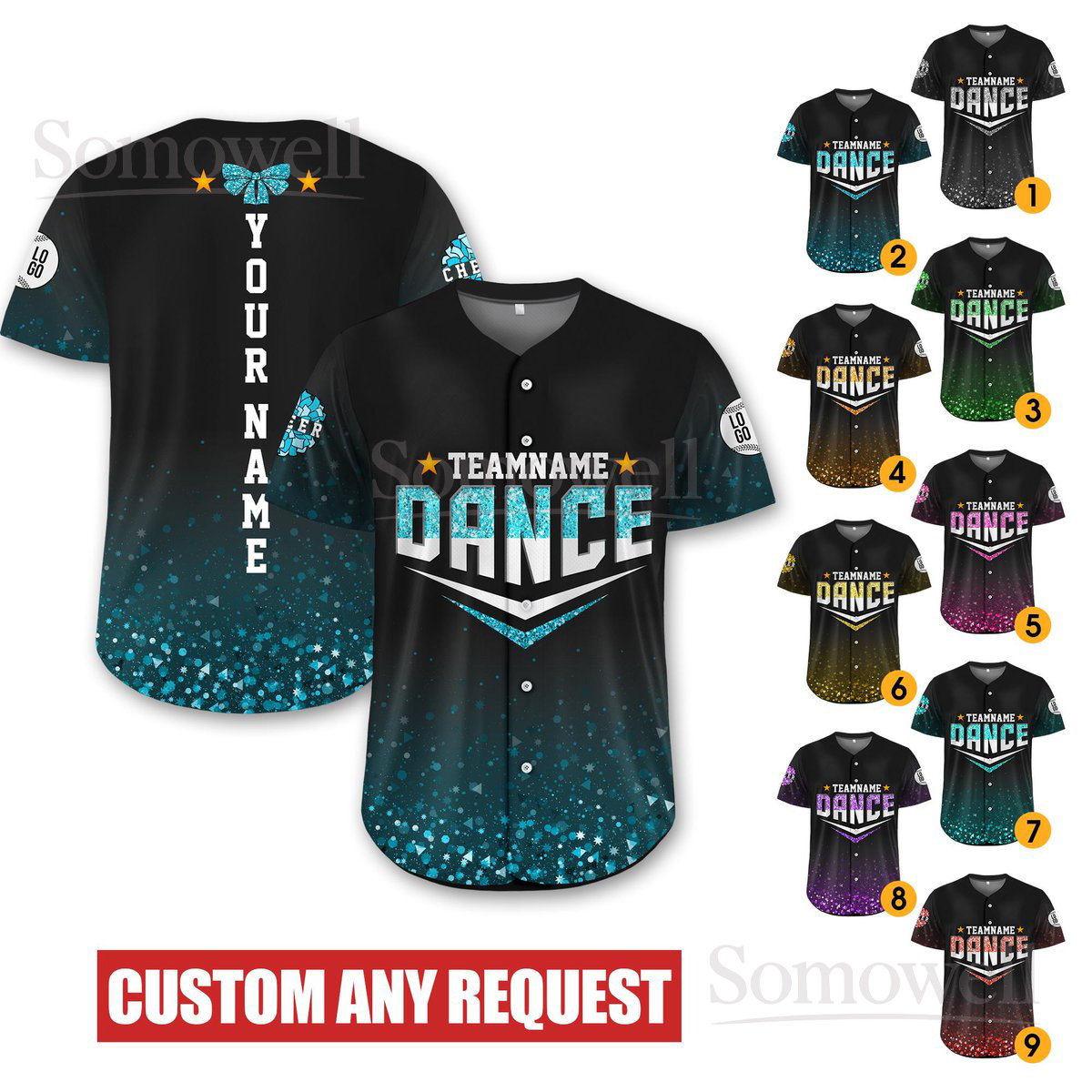 Custom Cheer Team Baseball Jersey Shirt Personalized Team Name Number Sports Shirt Multi-Color Design