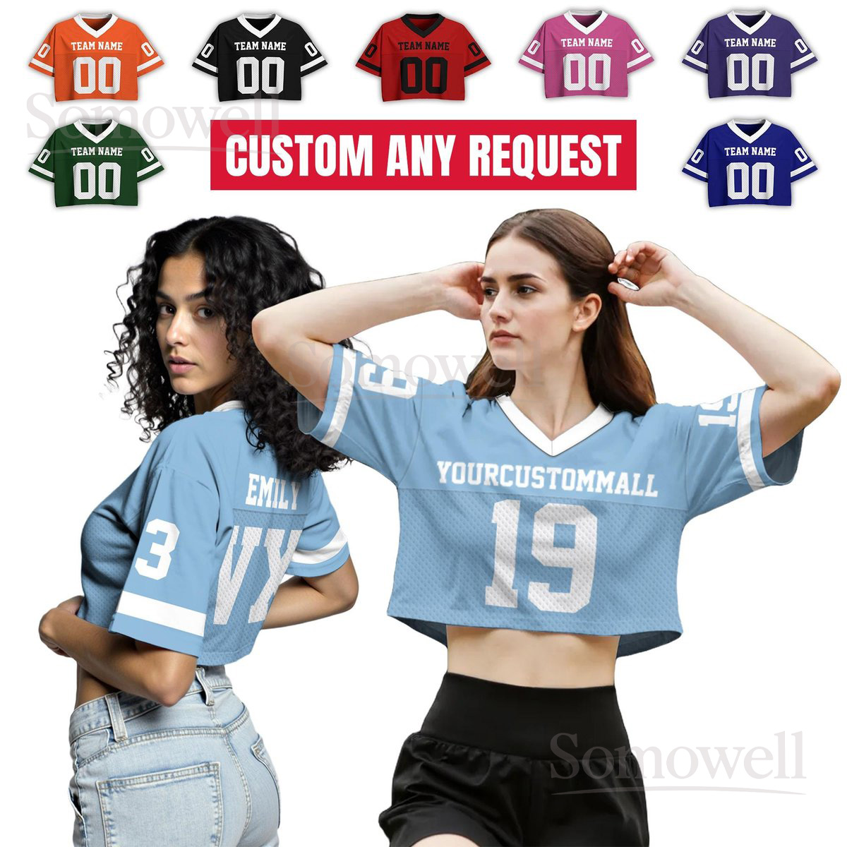 Custom Team Name Number Logo Women’s Croptop Football Jersey Cheerleading Uniform Multi Color Edition