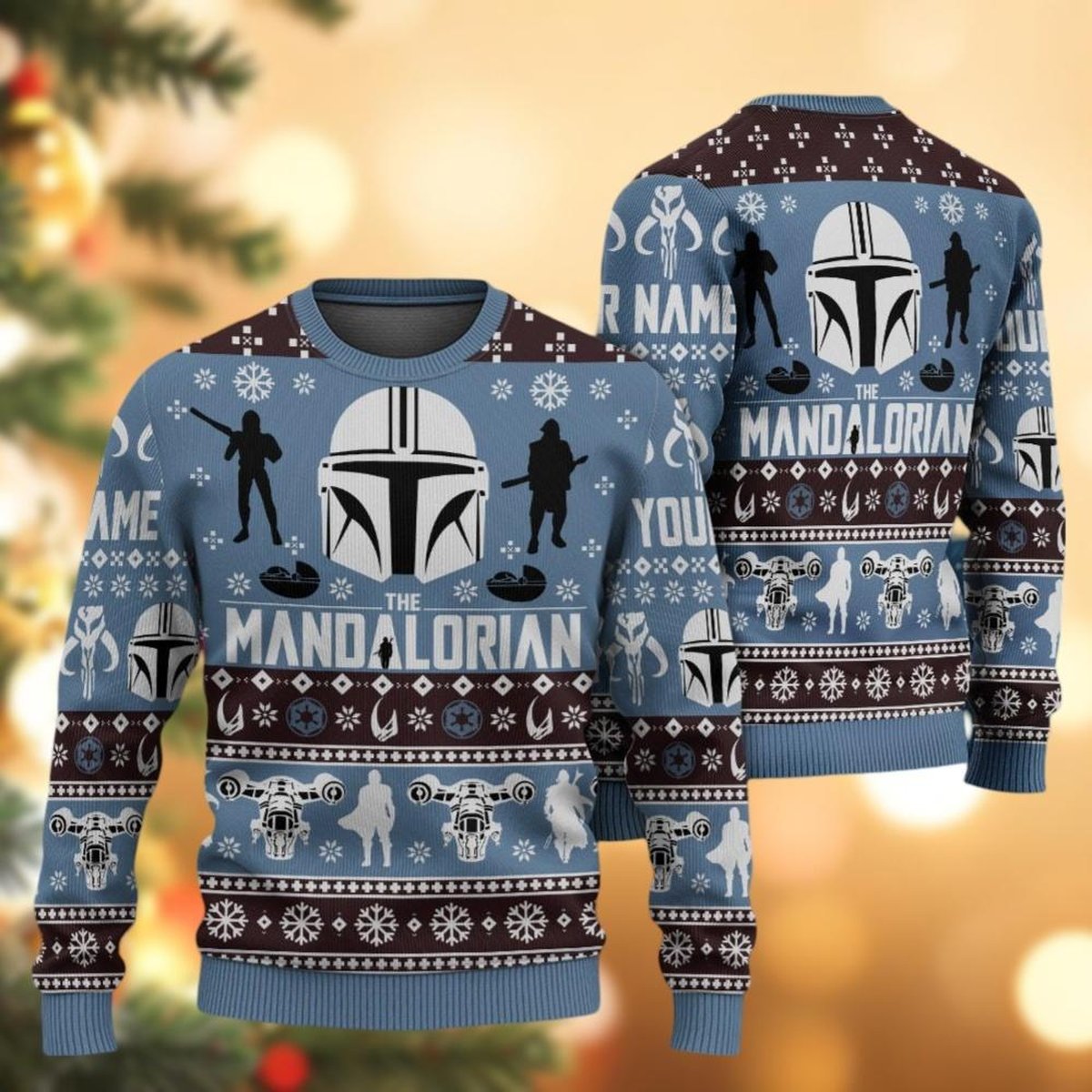The Mandalorian Helmet Custom Name Ugly Christmas Sweater Blue Holiday Knitwear