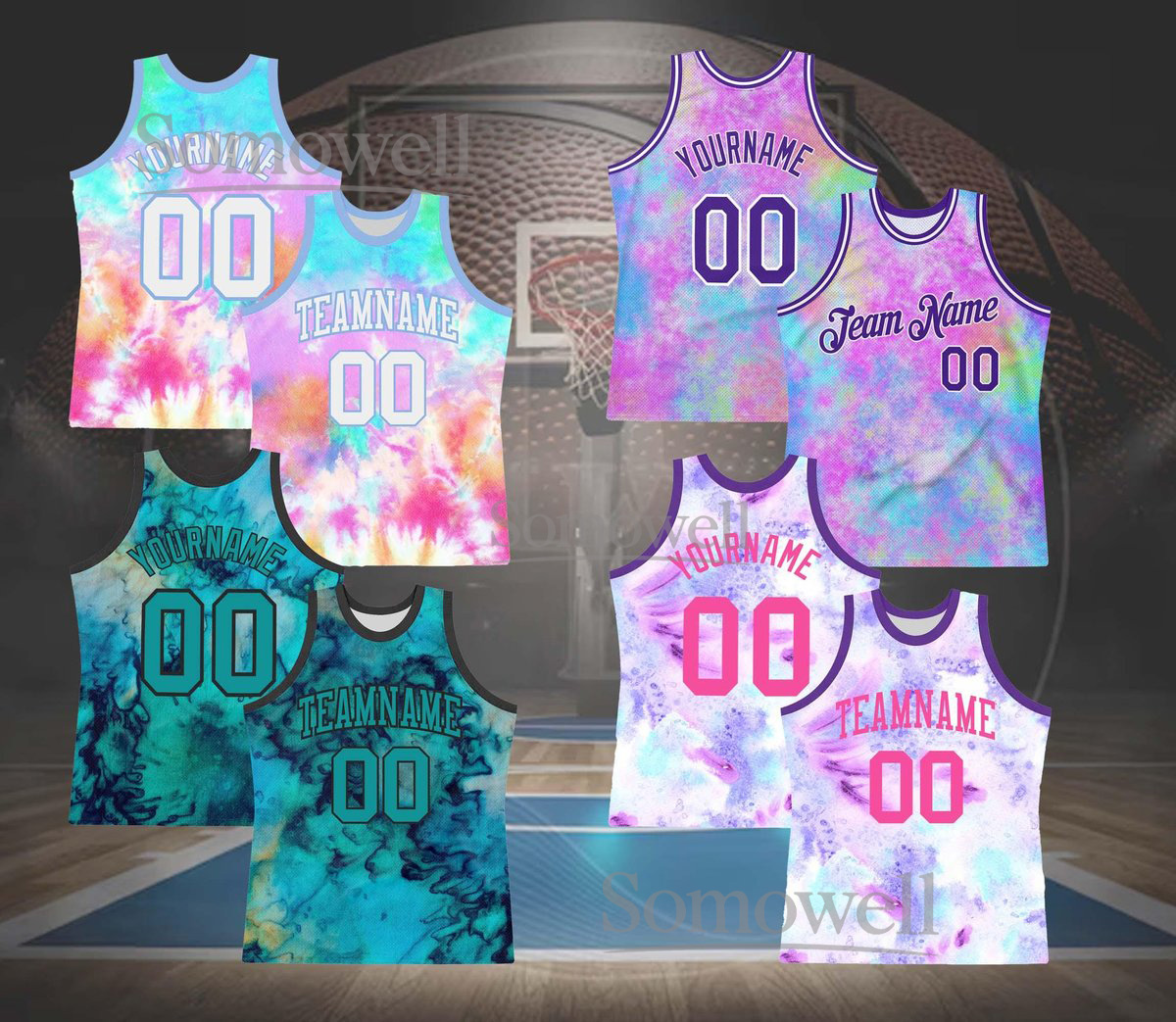 Custom Tie Dye Basketball Jersey Team Name Number Pastel Gradient Edition Available in Multiple Colors