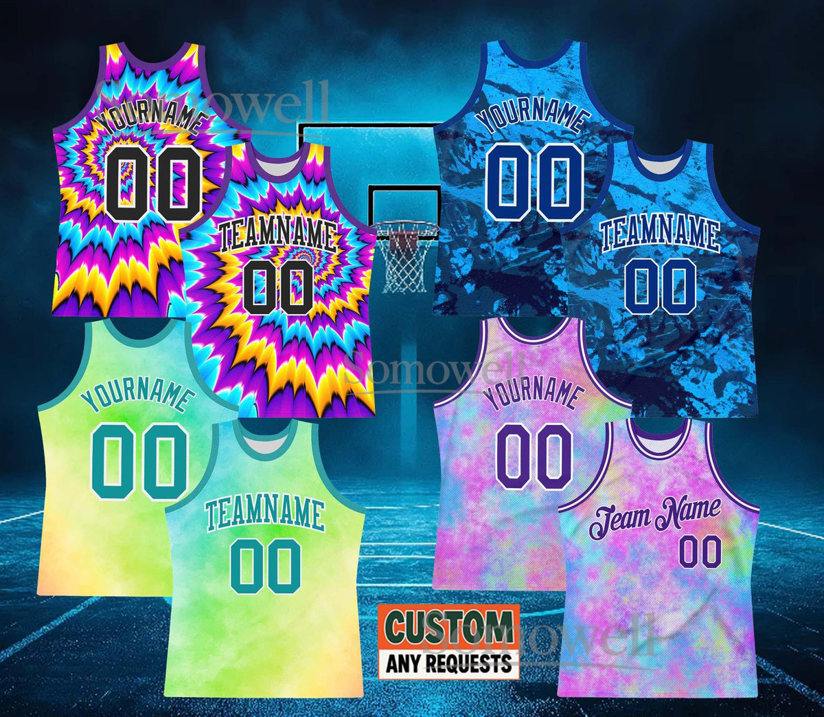 Custom Tie Dye Basketball Jersey Rainbow Swirl Pastel Personalized Team Name Number Sleeveless Top