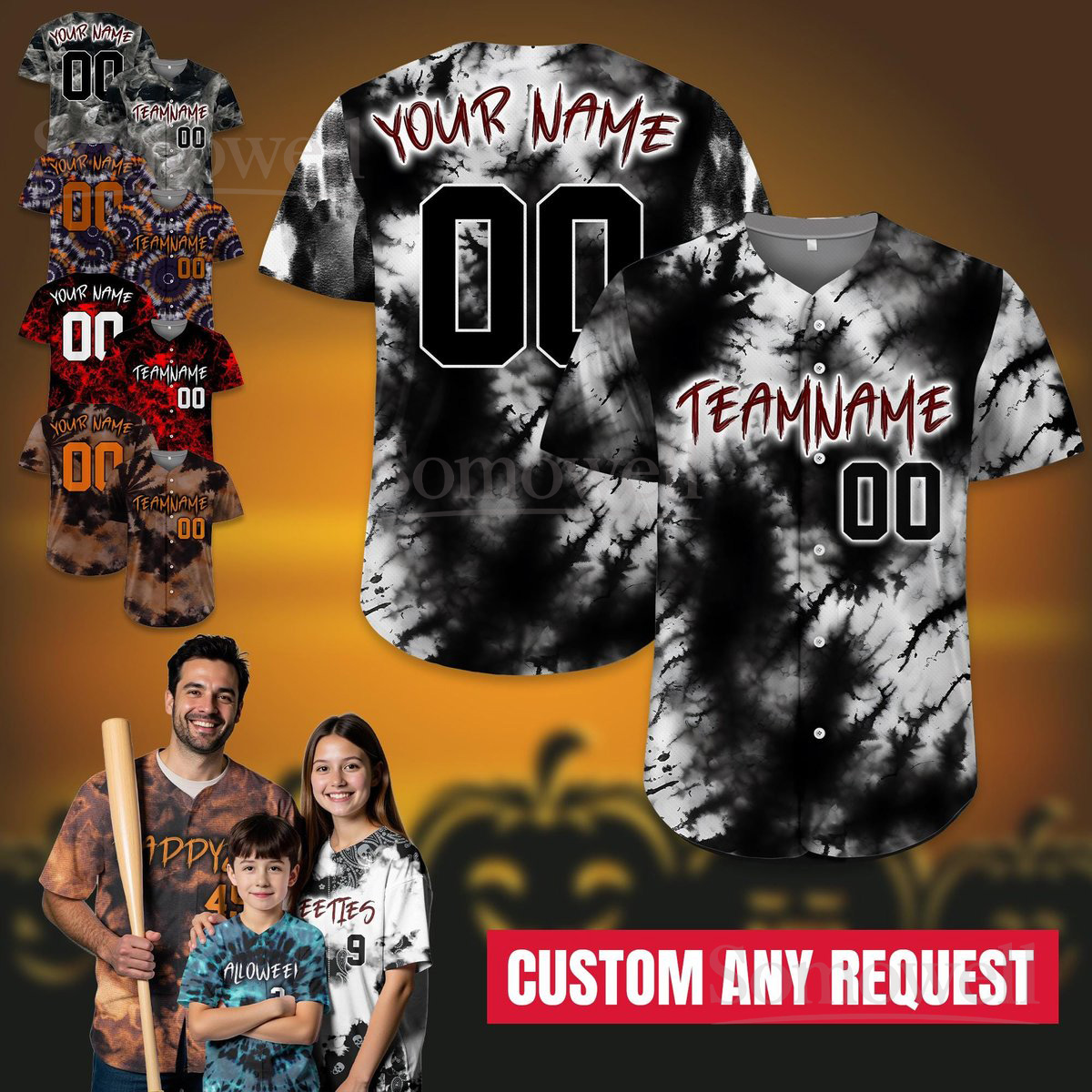 Custom Tie Dye Halloween Baseball Jersey for Men Women Youth Kid Personalized Name Number Spooky Theme Multi Color Edition