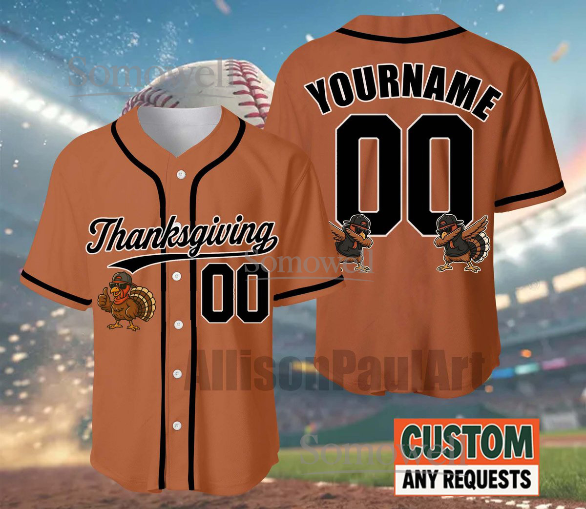 Custom Thanksgiving Baseball Jersey Turkey Cartoon Design Personalized Name and Number Edition