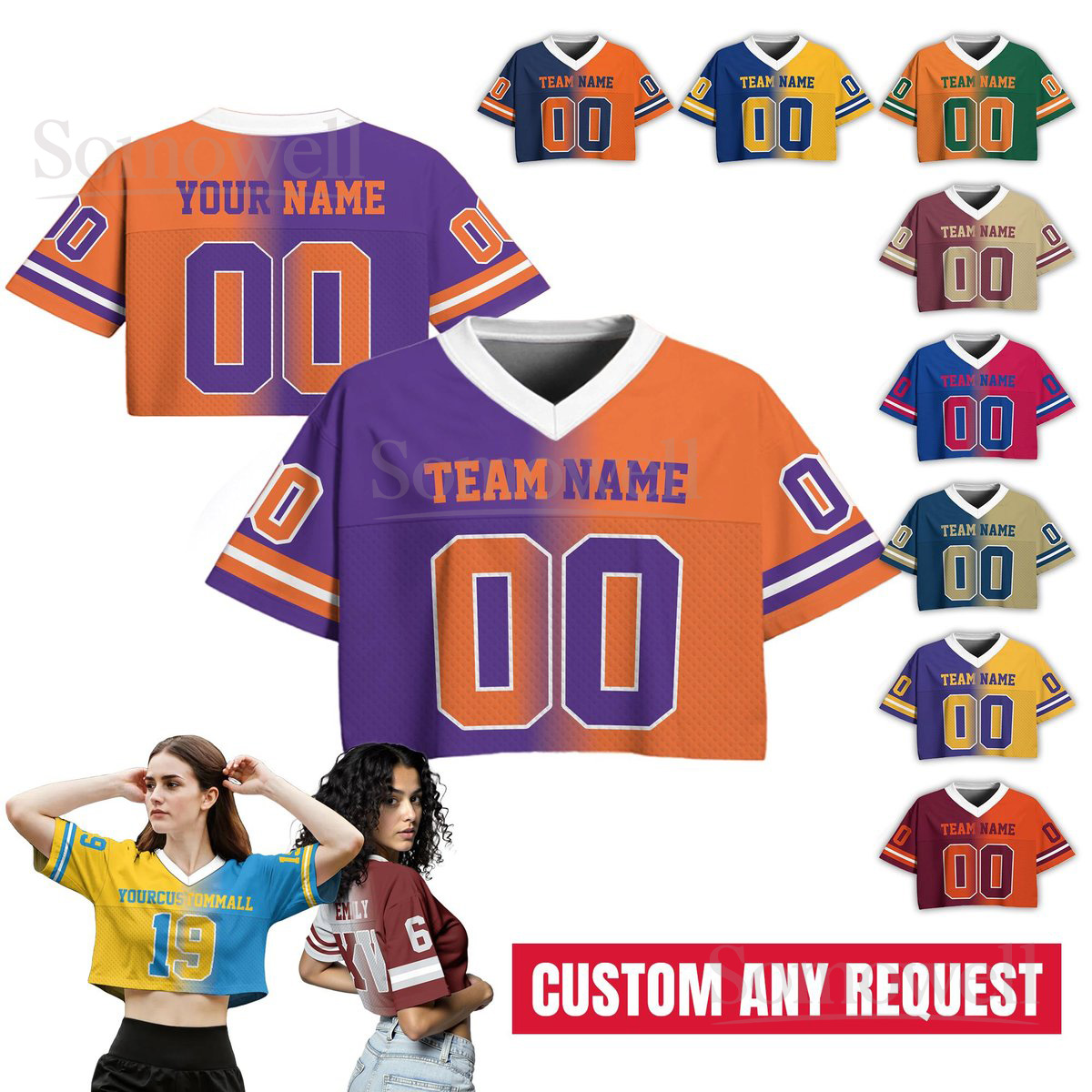 Custom Two Football Team Jersey Personalized Name Number Crop Top for Women Girls Game Day Outfit Multi Color Edition