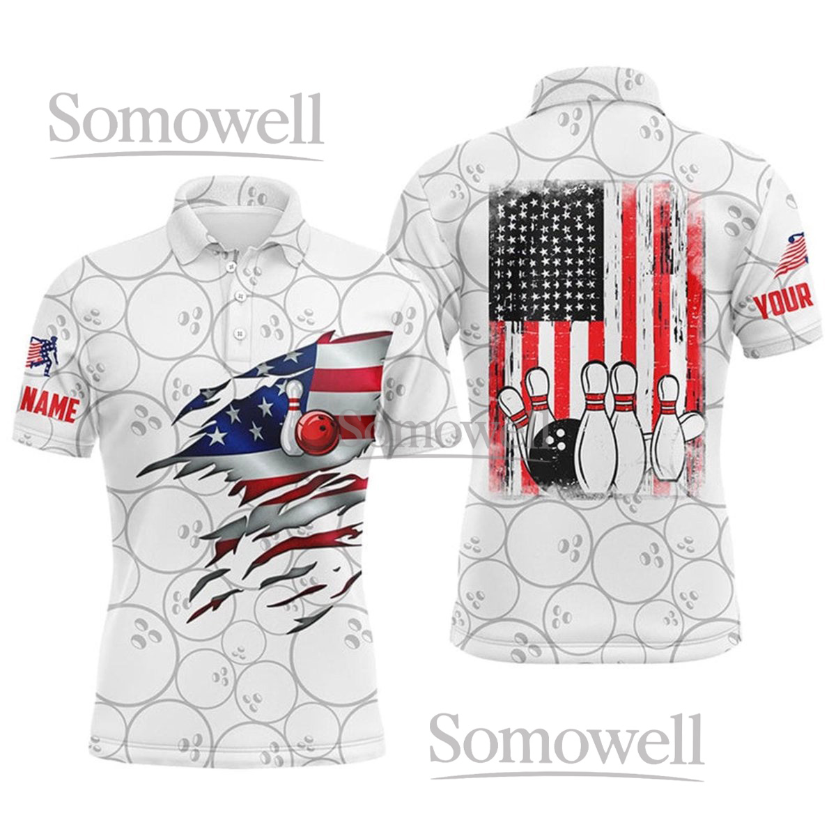 Personalized USA Flag Bowling Shirt with Custom Team Name and Number, Patriotic Bowling Theme