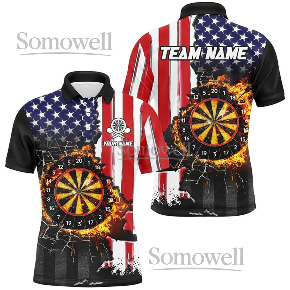 Personalized USA Flag Dart Shirt with Custom Name and Number, Patriotic Dartboard Design