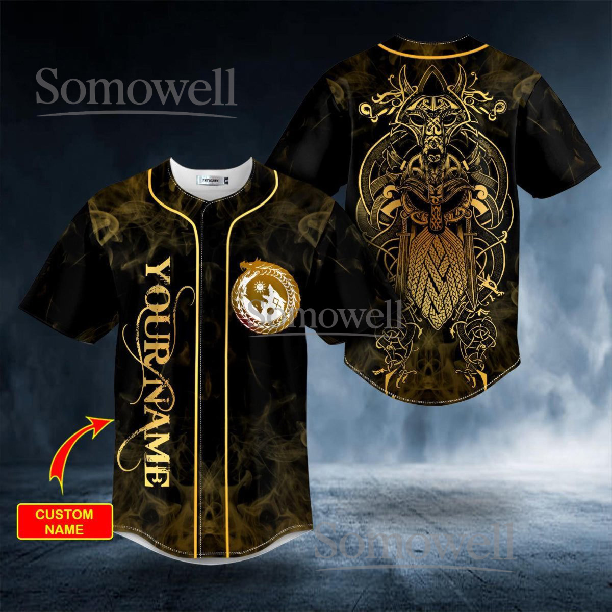 Custom Viking Baseball Jersey Gold Odin Runes Graphic Design with Personalized Team Name and Number