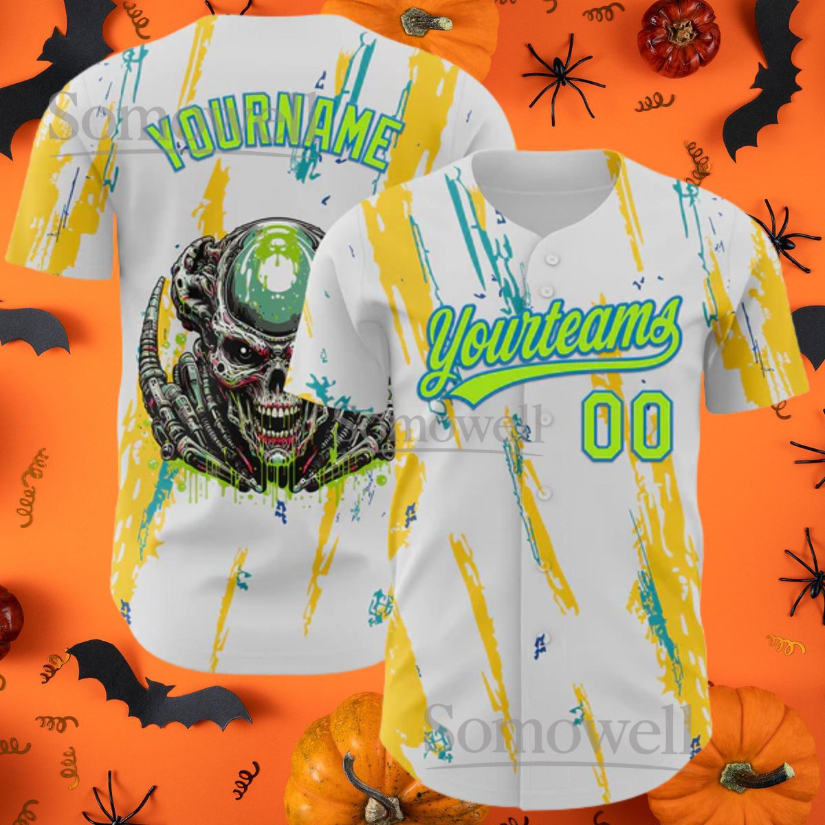 Custom White Neon Green-Blue 3D Halloween Baseball Jersey with Splatter and Skeleton Theme