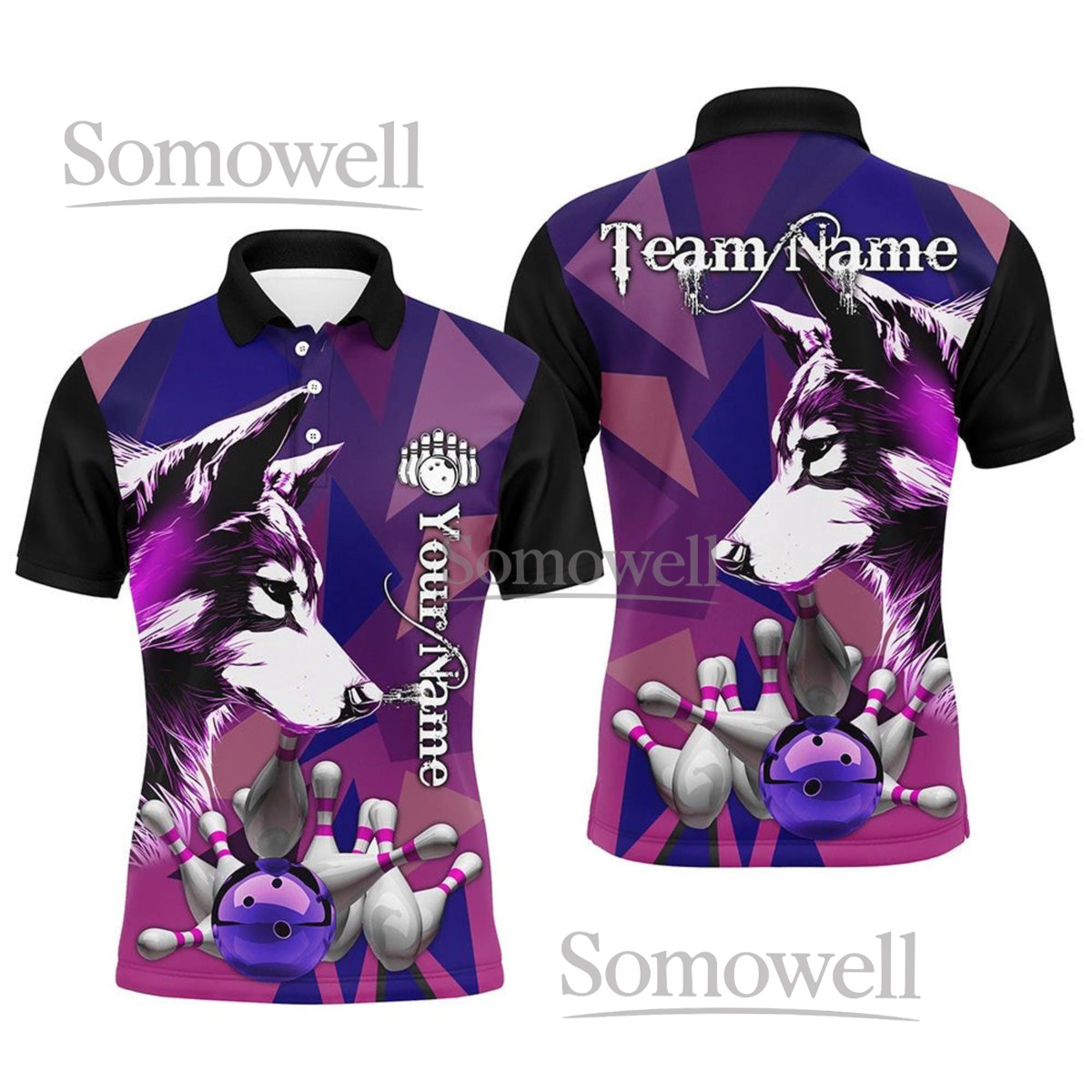 Custom Wolf Bowling Shirt with Personalized Name and Team Name, Geometric Design for Team Spirit