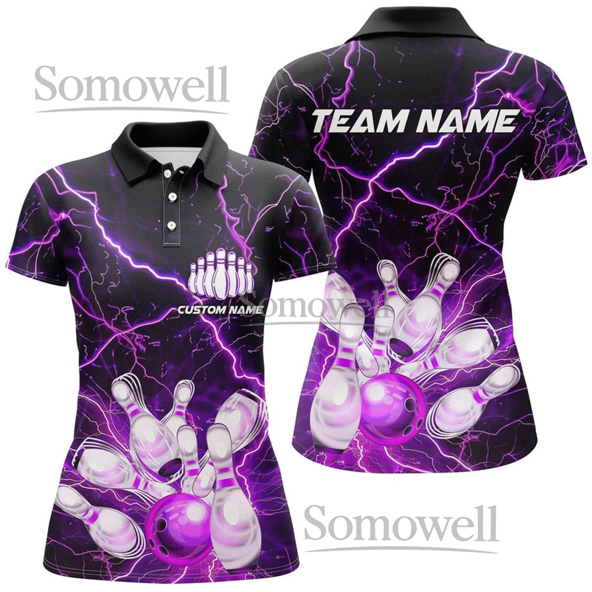 Personalized Women’s Purple Lightning Bowling Shirt with Custom Name and Number, Vibrant Lightning Design