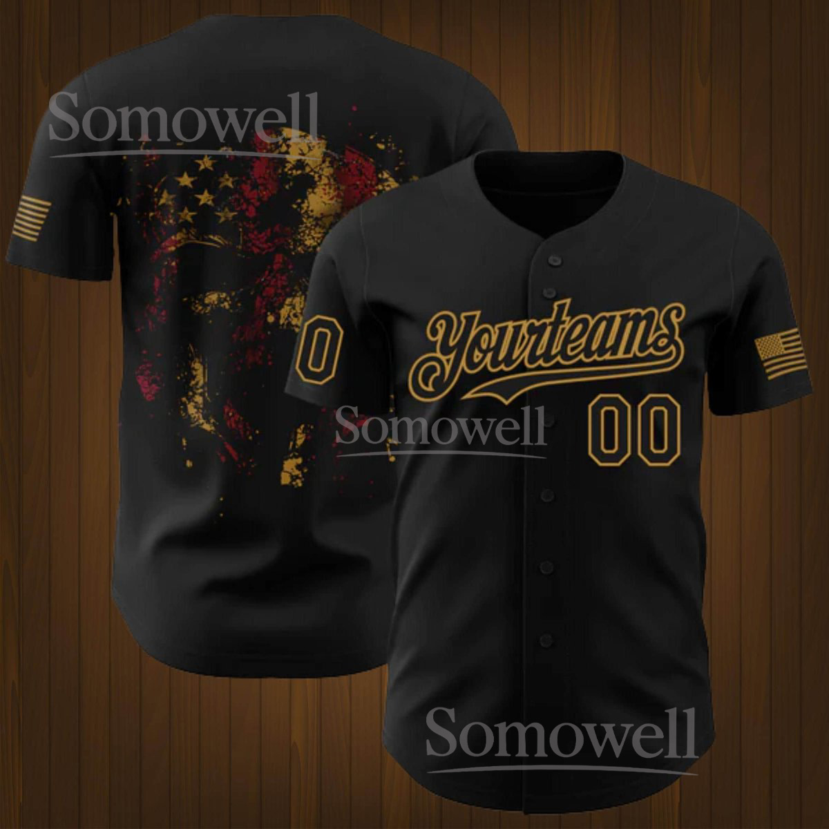 Customizable Black Baseball Jersey with Vintage USA Flag for Personalized Team Shirt