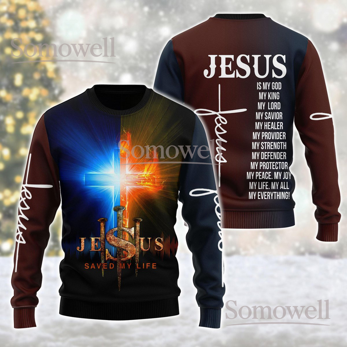 Jesus Is My Savior Fire and Light Cross Black Brown Ugly Christmas Sweater Faith Christian Knit Jumper
