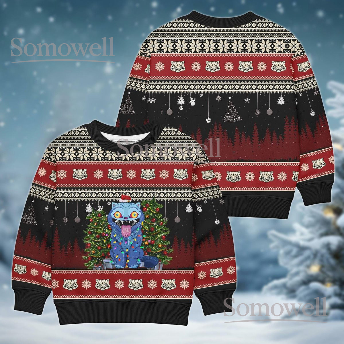 Cute Blue Tiger Christmas Sweater Funny Derpy Cat Holiday Jumper Gift