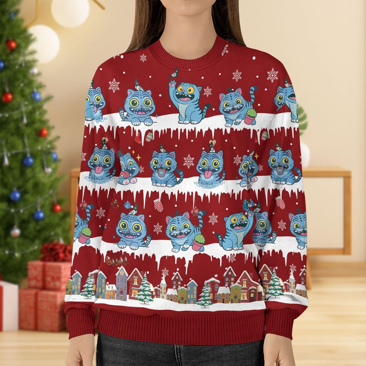 Derpy Tiger Cute Ugly Christmas Sweater Funny Cat Lovers Holiday Gift