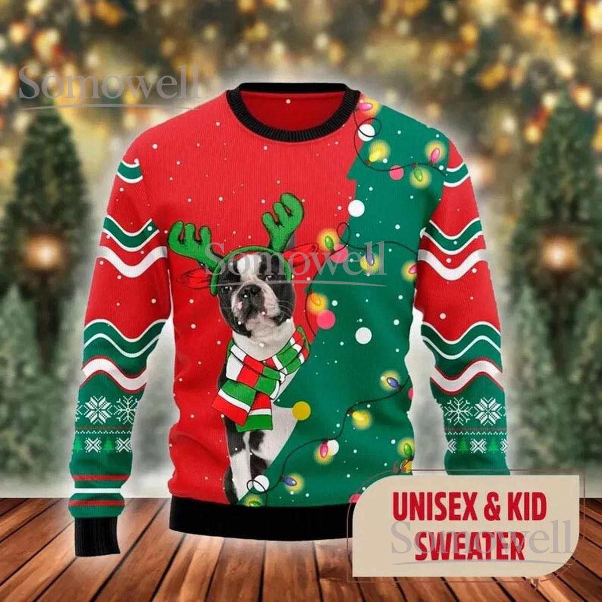 Cute Dog Reindeer Red Green Ugly Christmas Sweater Funny Pet Holiday Knit Jumper