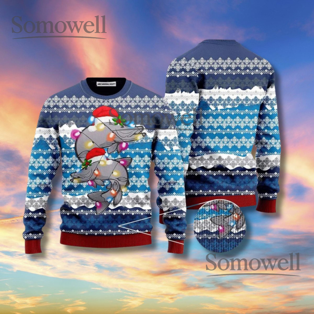 Cute Dolphin Christmas Ugly Sweater Blue Fair Isle Holiday Knit Unisex Jumper