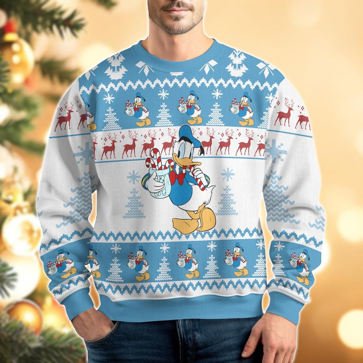 Donald Duck Candy Cane Blue Ugly Christmas Sweater Cute Holiday Pullover Gift