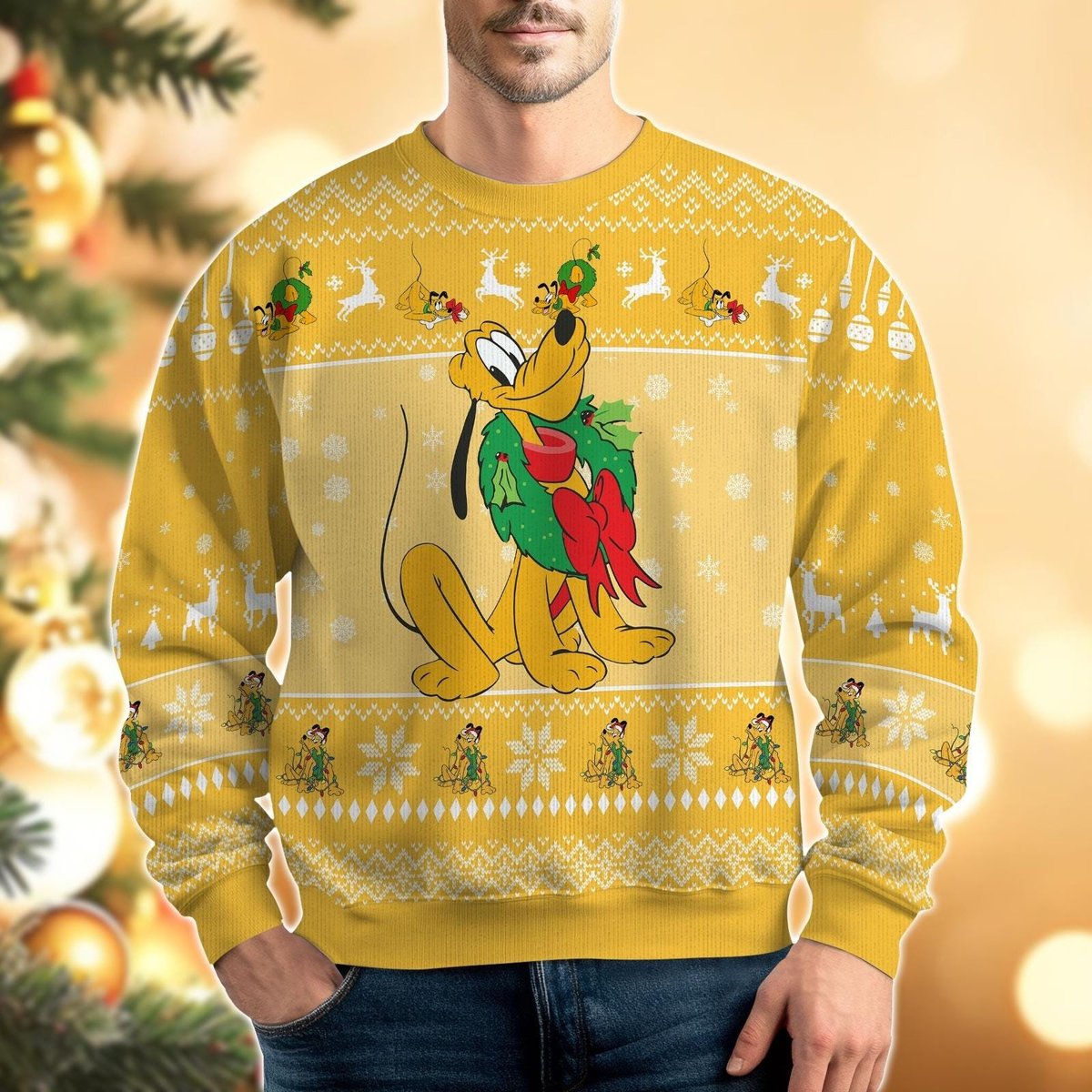 Pluto Dog Christmas Wreath Yellow Ugly Christmas Sweater Cute Holiday Pullover