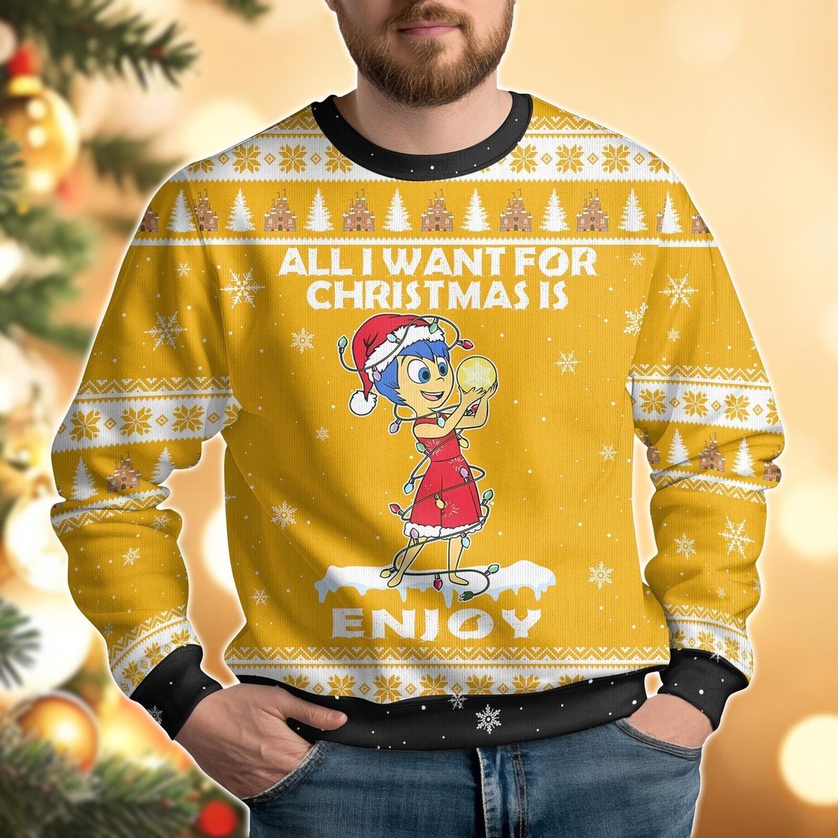 Inside Out Joy All I Want For Christmas Yellow Ugly Sweater Fun Holiday Knit