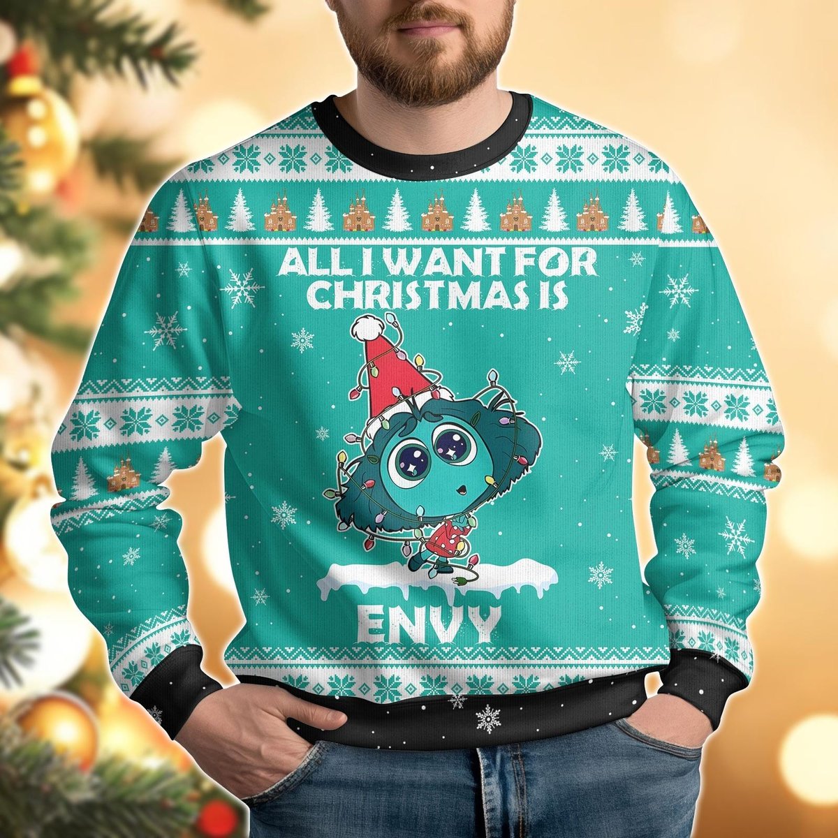 Inside Out Envy Green Ugly Christmas Sweater Cute Holiday Pullover Gift Idea