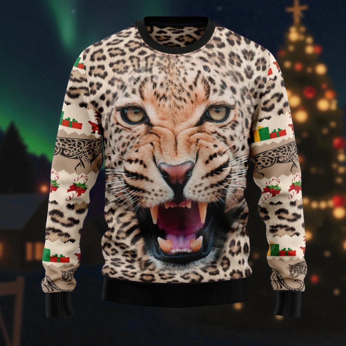 Leopard Face Ugly Christmas Sweater Fierce Animal Print Holiday Pullover Gift