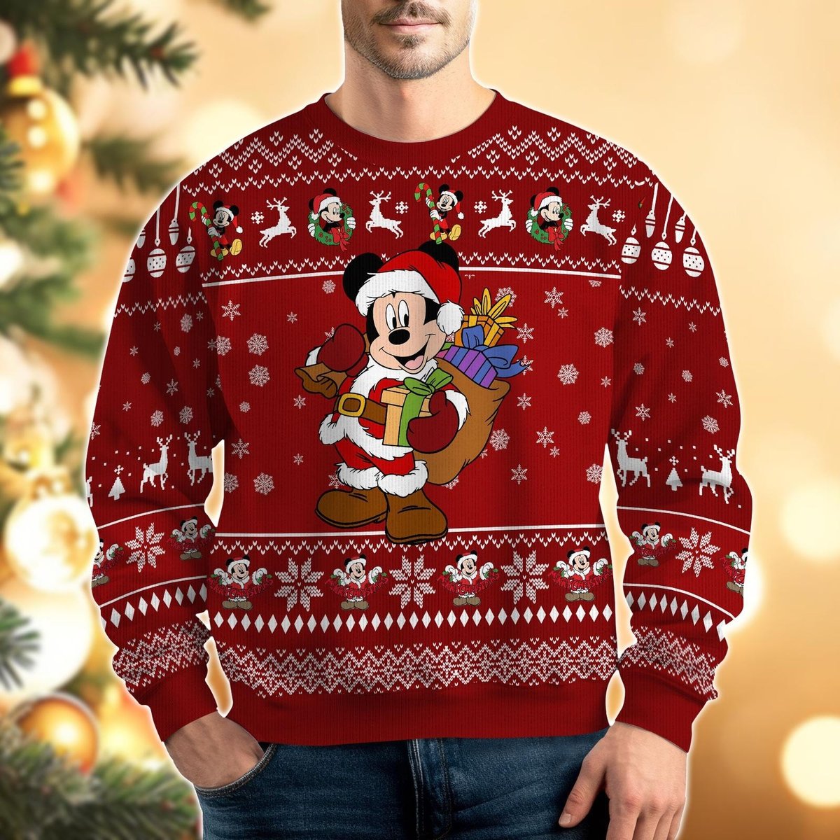 Mickey Mouse Santa Red Ugly Christmas Sweater Holiday Pullover Family Gift