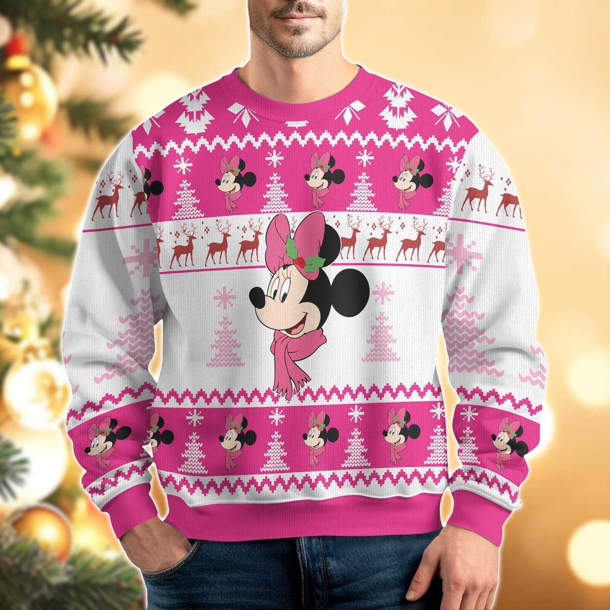 Minnie Mouse Pink Bow White Ugly Christmas Sweater Cute Holiday Pullover Gift