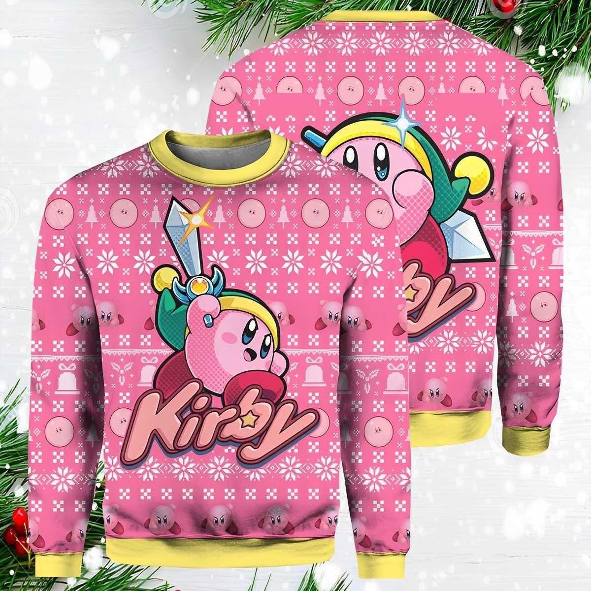 Cute Pink Kirby Christmas Ugly Sweater Cartoon Gamer Knit Jumper Gift
