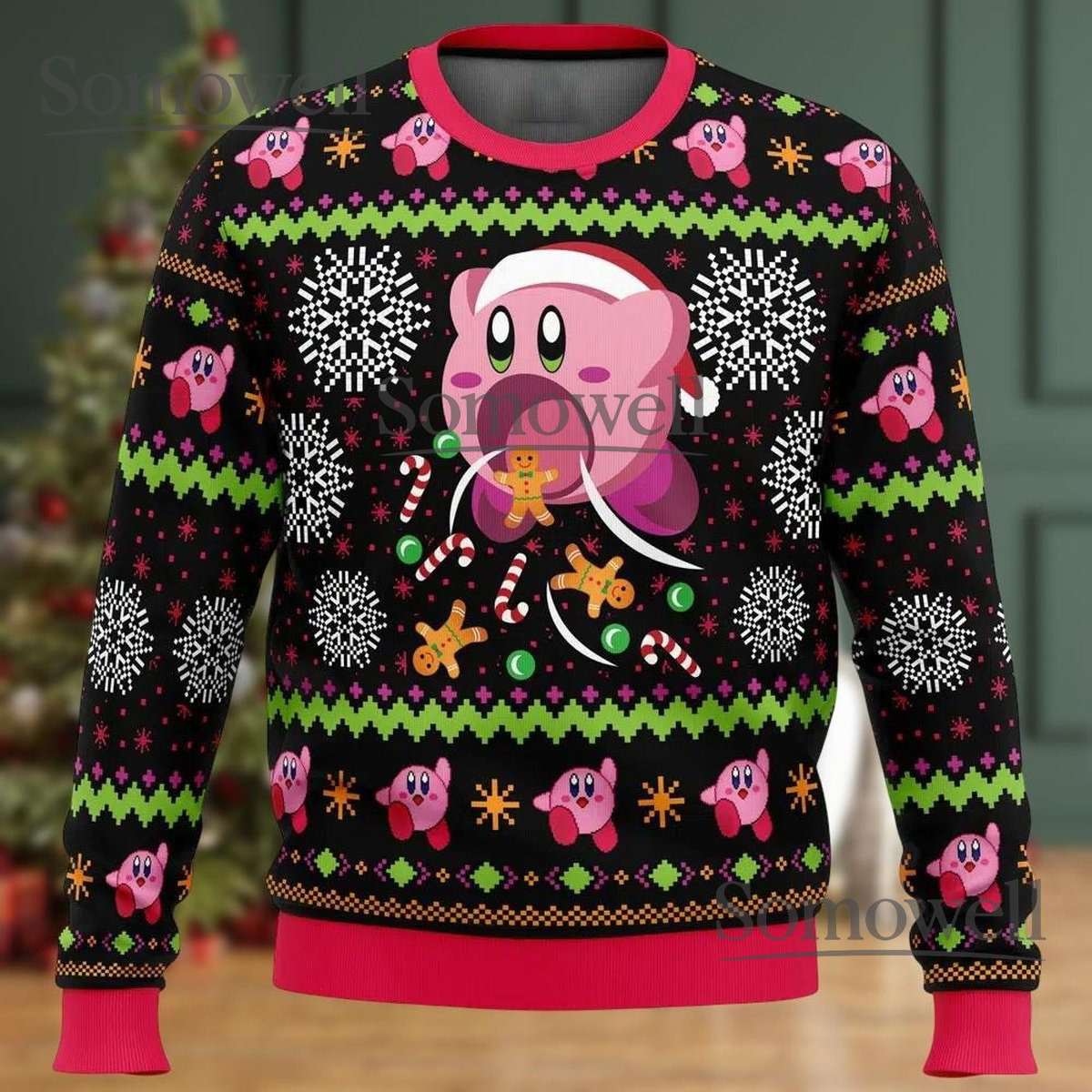 Cute Pink Kirby Dream Land Christmas Candy Ugly Christmas Sweater Holiday Knit