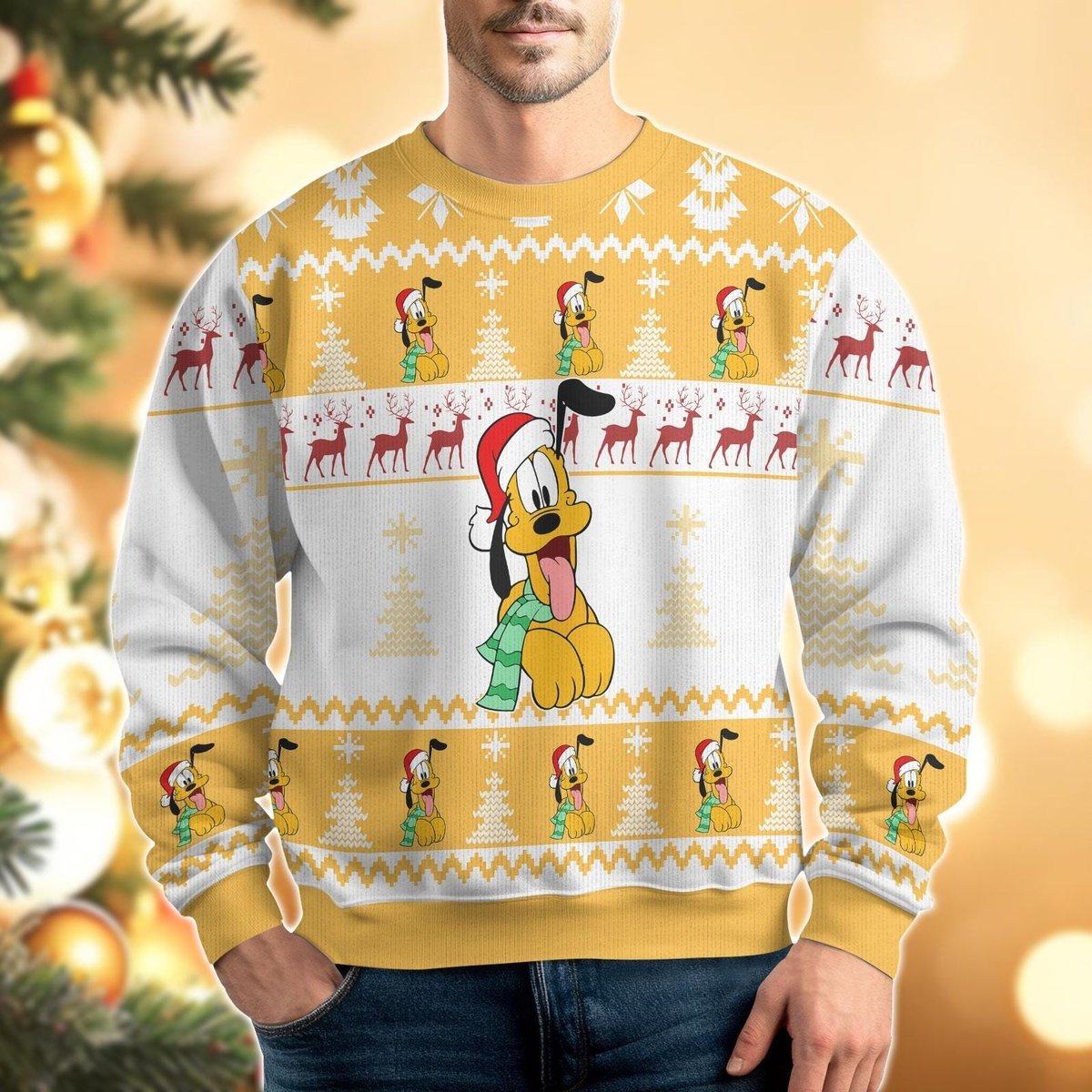 Pluto Dog Santa Hat Yellow Ugly Christmas Sweater Funny Holiday Knit Pullover