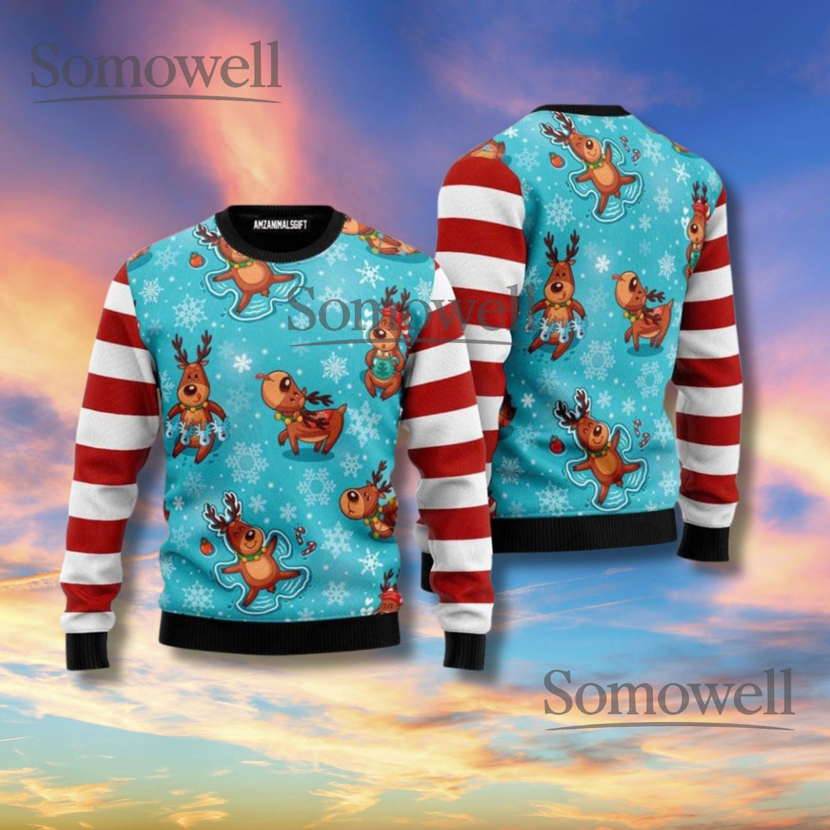 Cute Reindeer Gingerbread Christmas Ugly Sweater Striped Sleeve Holiday Pullover