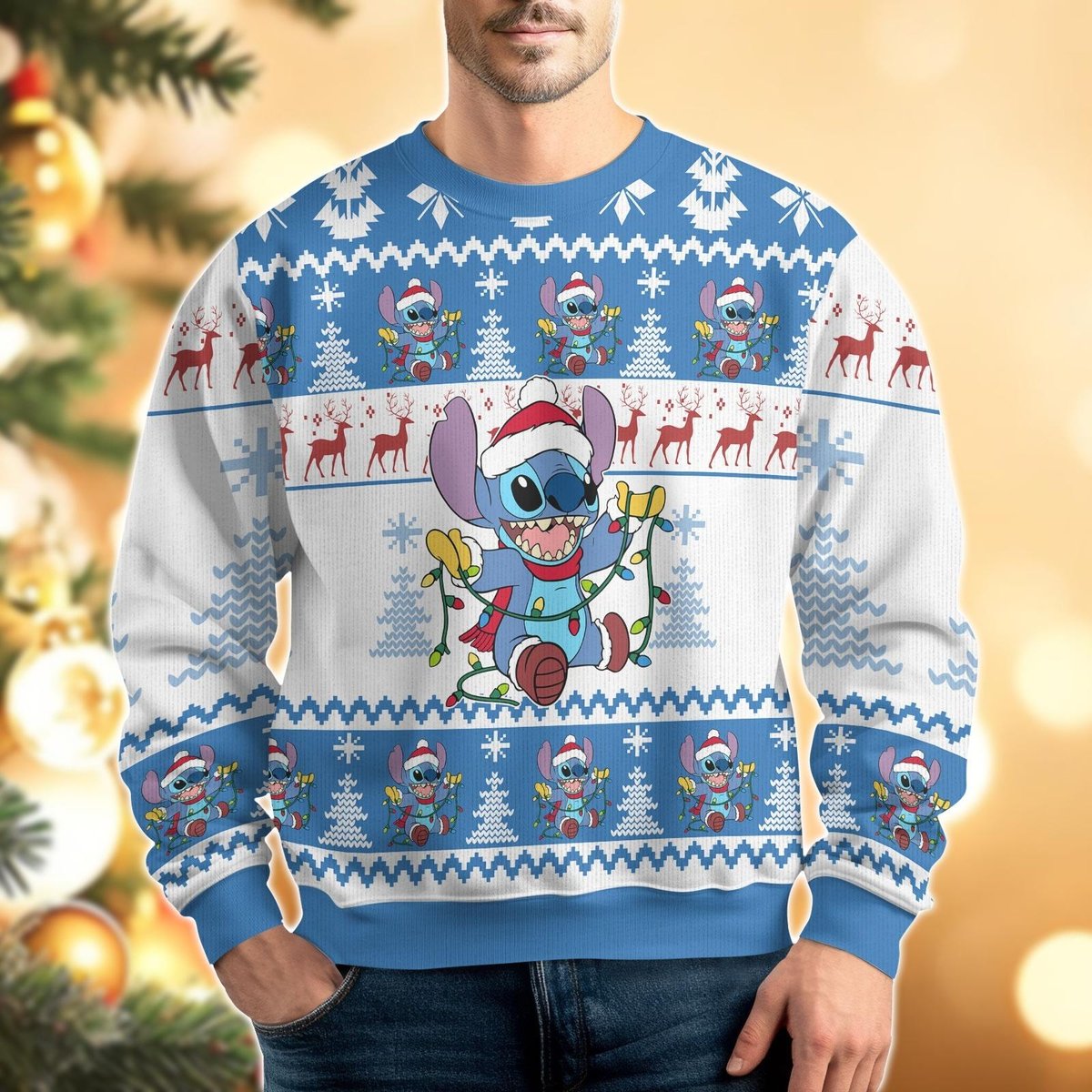 Stitch Santa Lights Blue Ugly Christmas Sweater Cute Holiday Winter Pullover