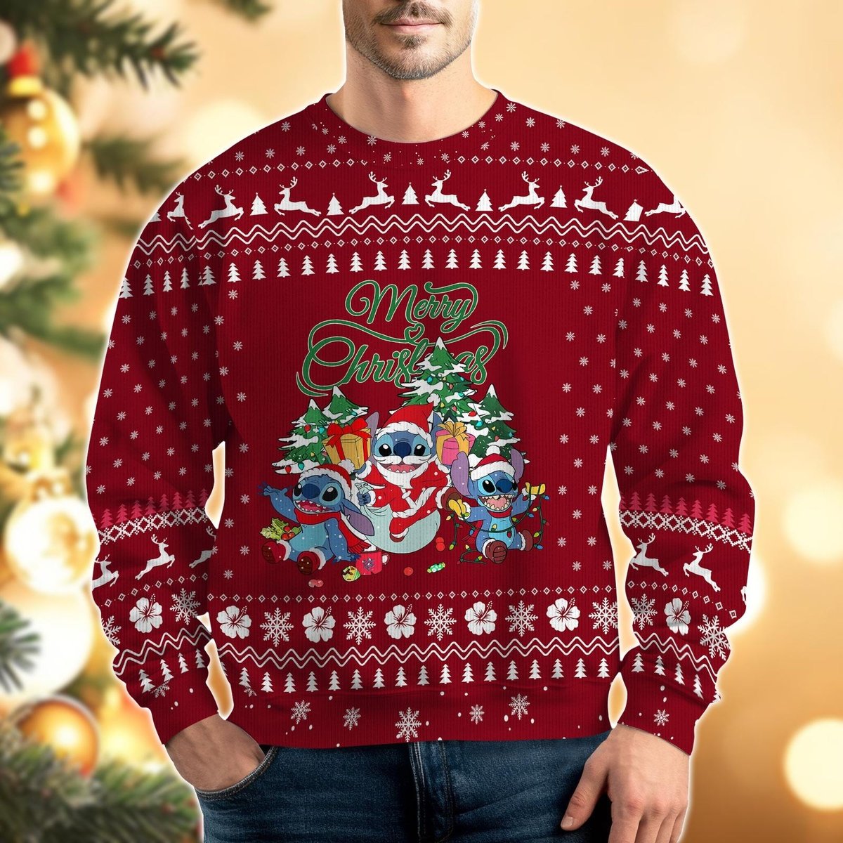 Merry Christmas Stitch Red Ugly Sweater Funny Holiday Pullover Family Outfit