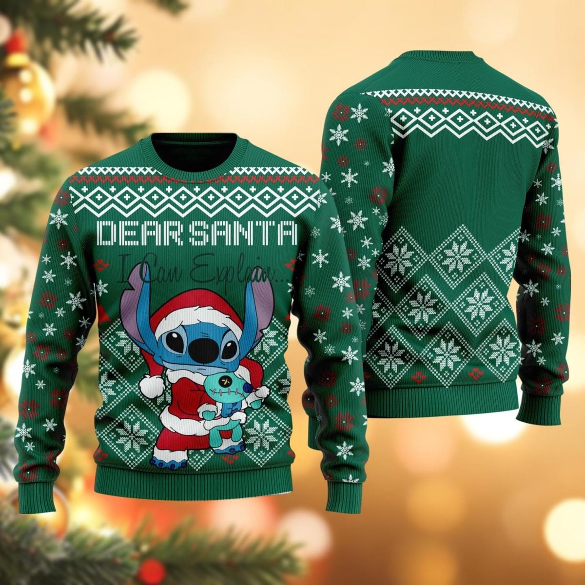 Dear Santa I Can Explain Stitch Green Ugly Christmas Sweater Funny Holiday Knit