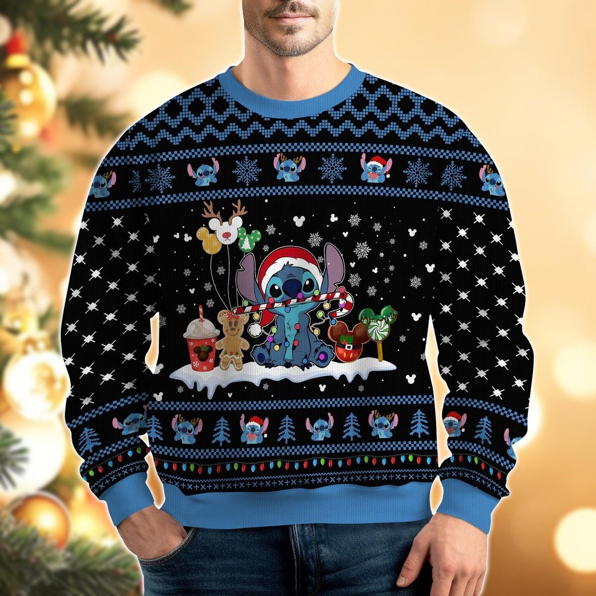 Stitch Candy Cane Black Ugly Christmas Sweater Cute Holiday Pullover Gift