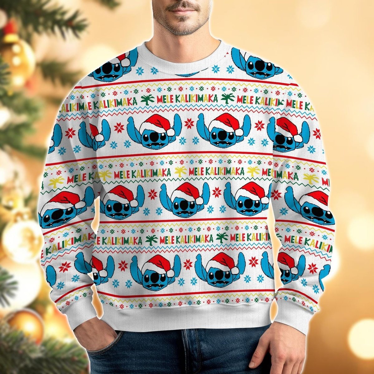 Stitch Mele Kalikimaka White Ugly Christmas Sweater Tropical Holiday Pullover